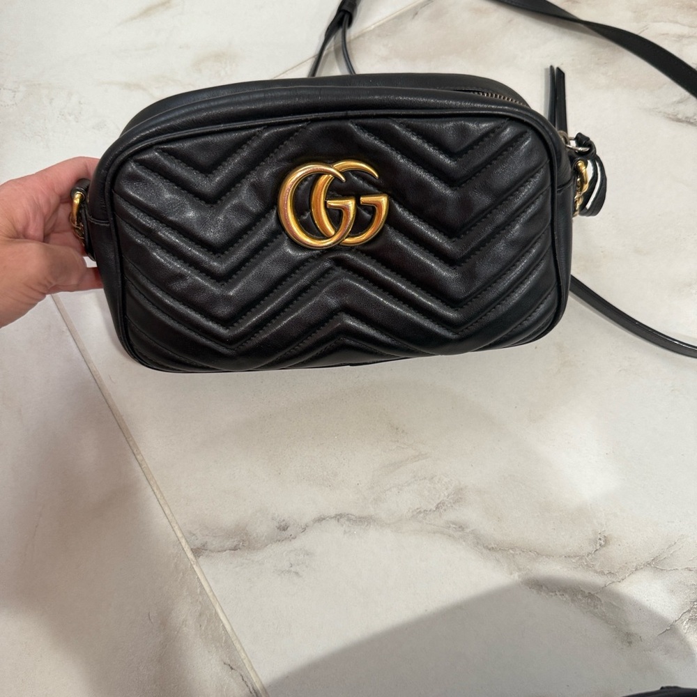 Gucci Black Chevron Crossbody Bag with Gold Logo